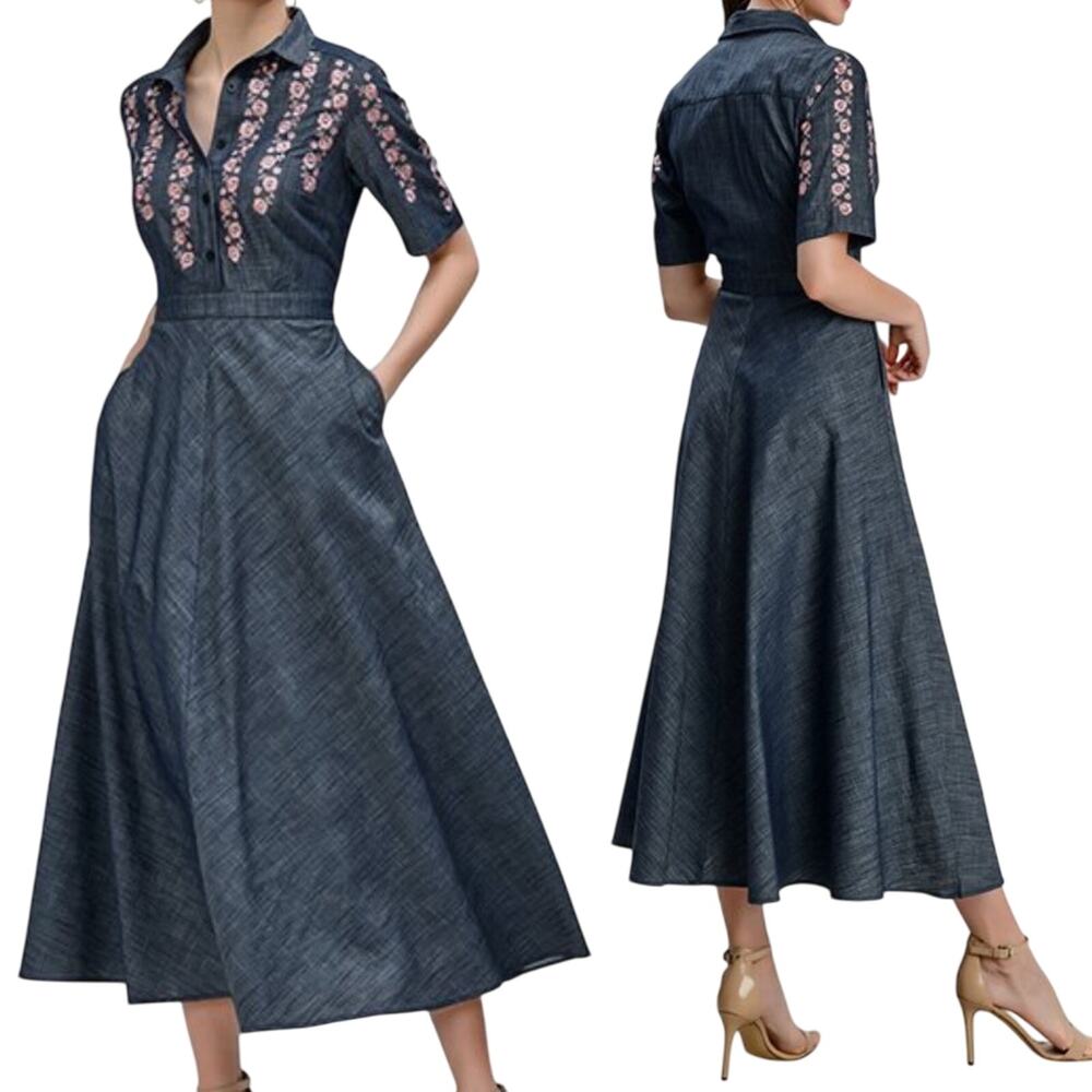 Wayward Fancies Midi Dress Embroidered Chambray Denim Fit & Flare Shirtdress 2